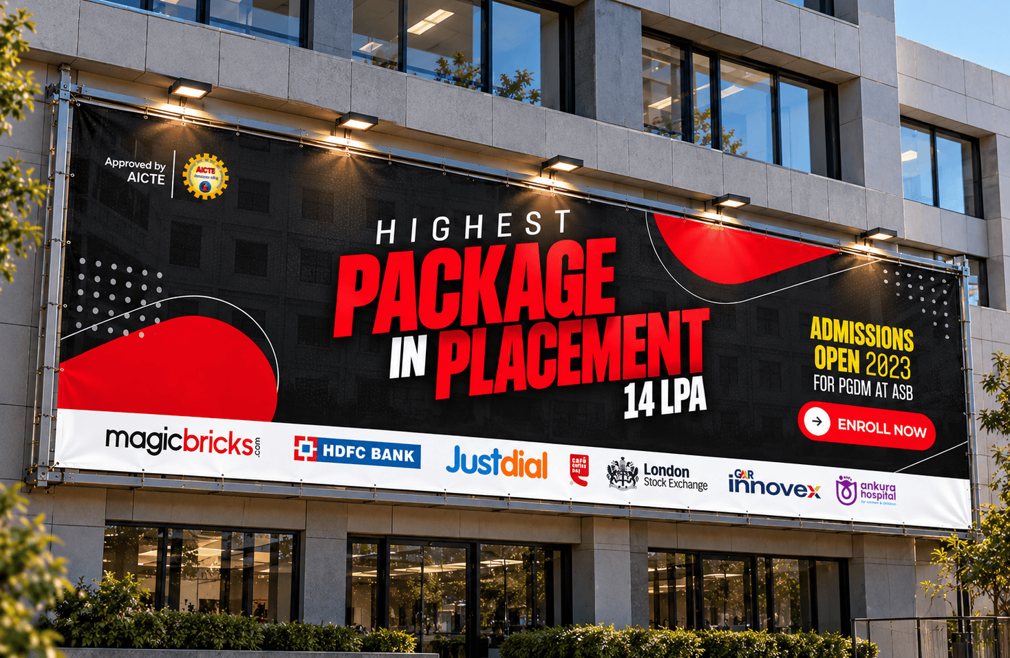 Outdoor hoarding on a building: 'Highest package in placement 14 LPA', with recruiter logos