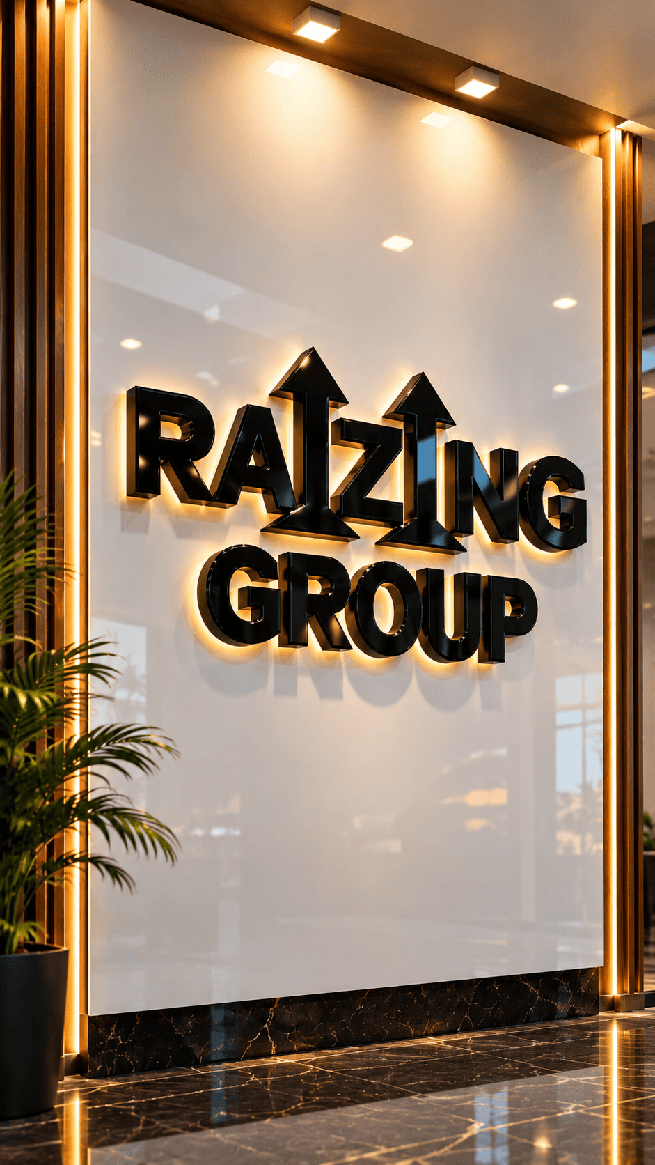 Raizing Group 3D logo lettering on a backlit lobby wall