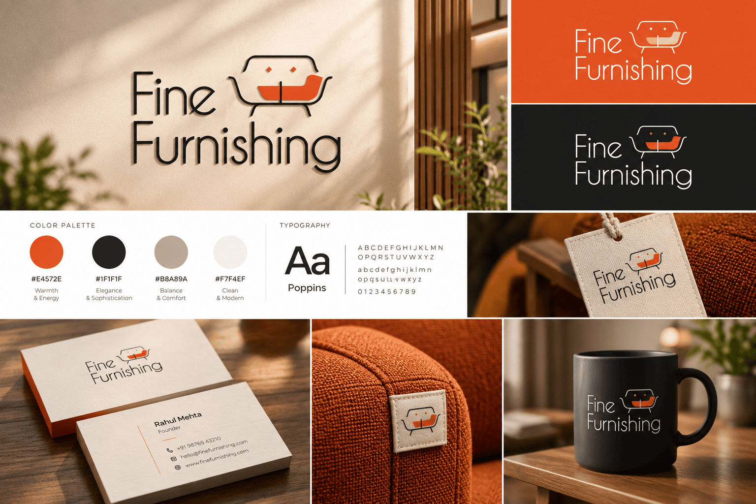 Fine Furnishing brand identity board: logo, color palette, typography, business cards and mug