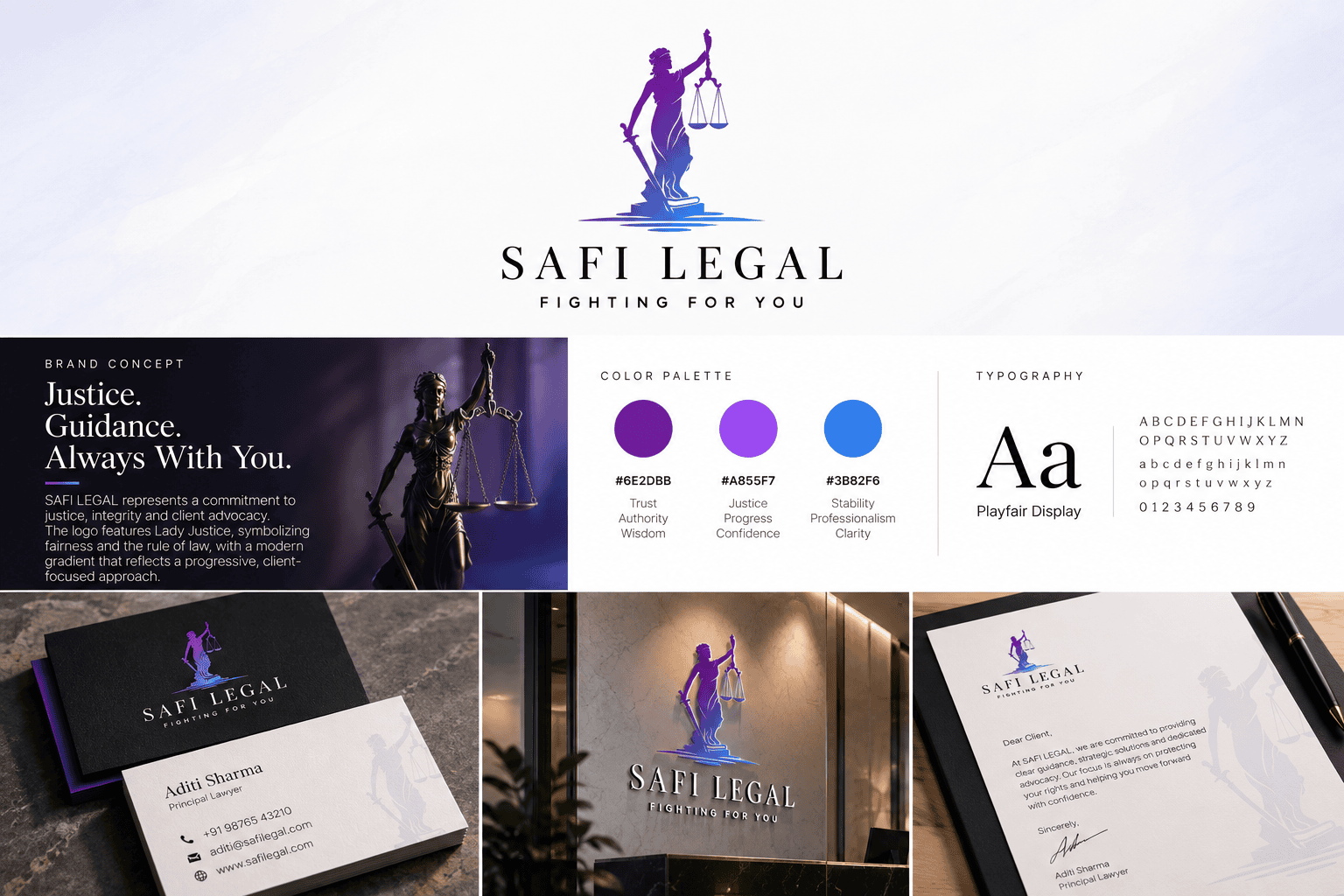 Safi Legal brand identity board: Lady Justice logo, purple palette and business cards